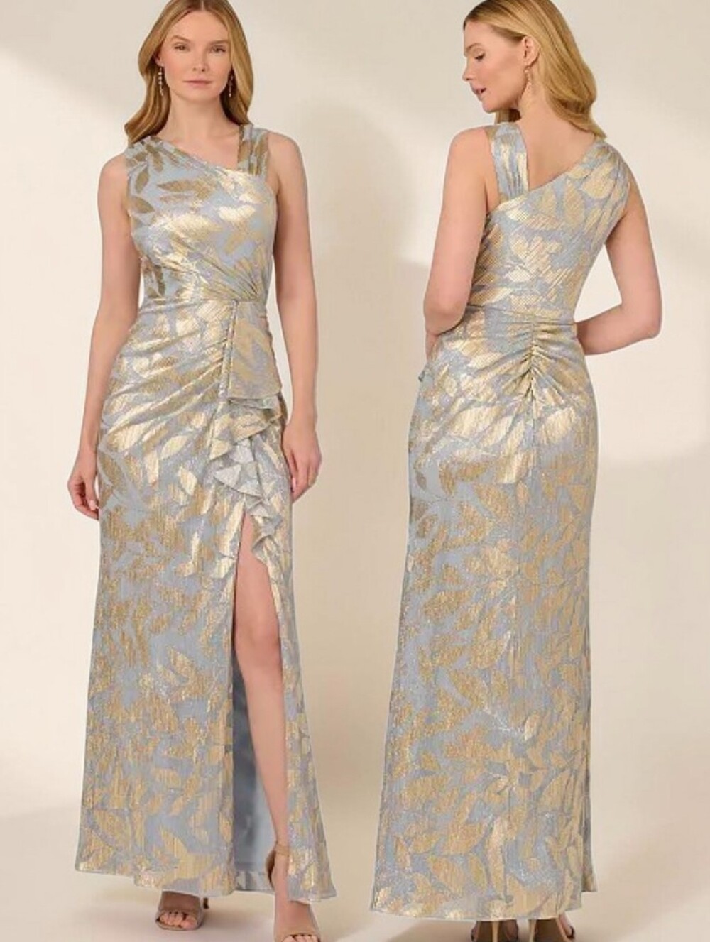 ADRIANNA PAPELL Foil Leaf Cascade Ruffle Formal Gown - Size 16